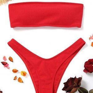 High cut ribbed bandeau bikini